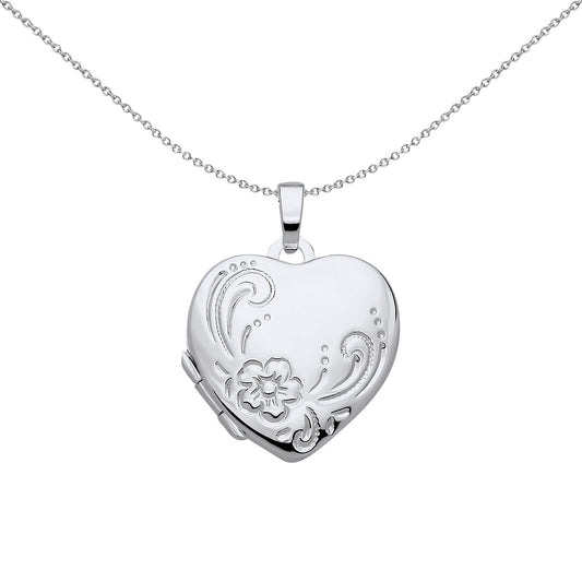 Silver  Flower Leaves Engraved Love Heart Locket Pendant Necklace - LK70