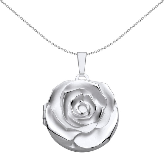 Silver  3D Embossed Rose Petal Round Locket Pendant Necklace - LK72