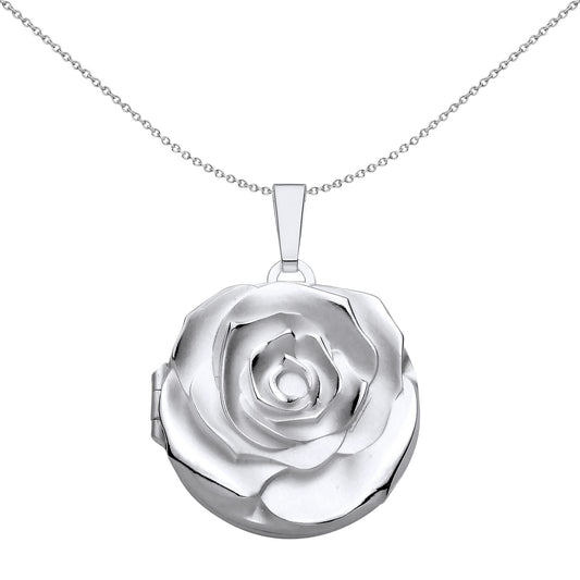 Silver  3D Embossed Rose Petal Round Locket Pendant Necklace 18" - LK72
