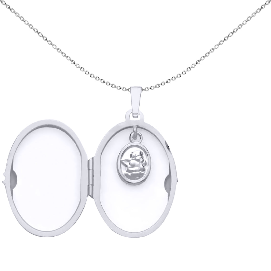 Silver  Angel Medallion Charm Oval Locket Pendant Necklace - LK75