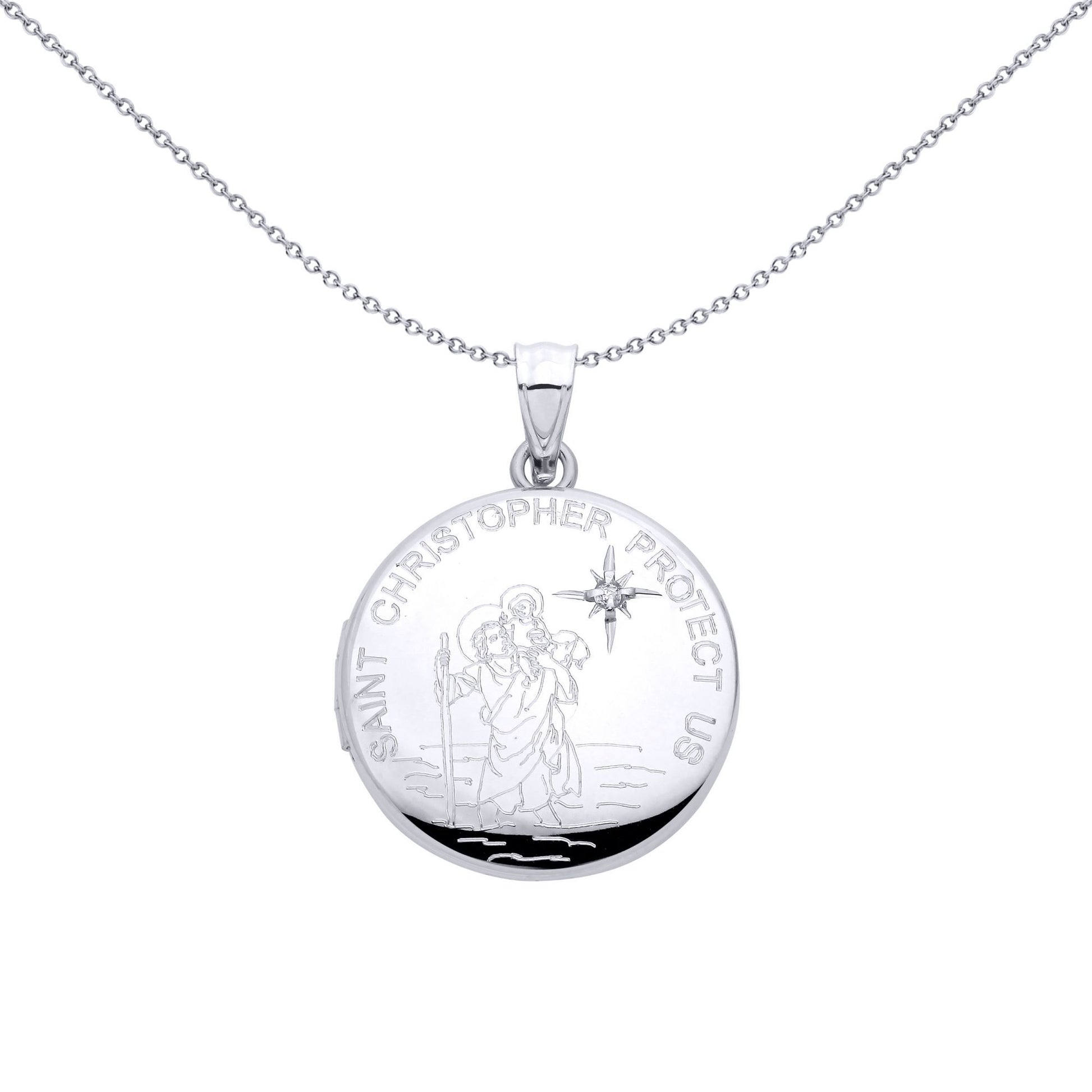 Silver  CZ Star-set Saint Christopher Medallion Locket Pendant - LK85