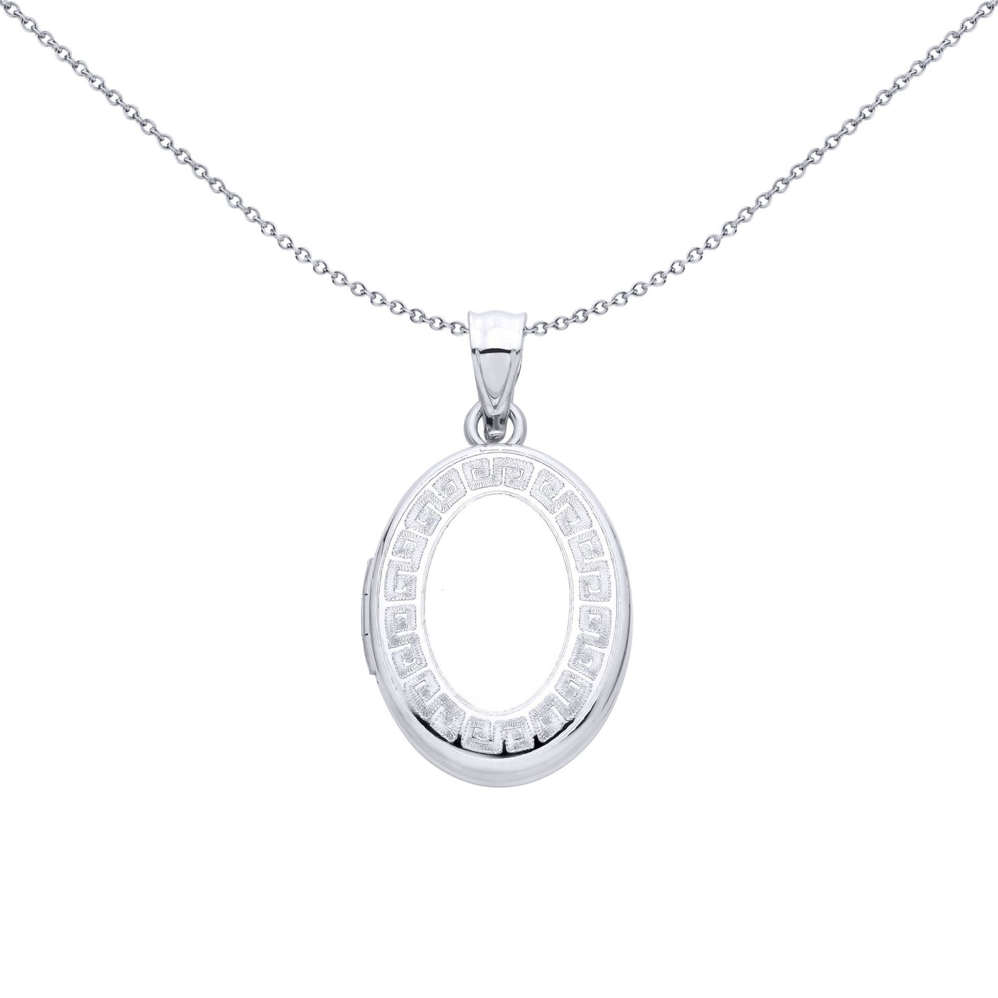 Silver  Greek Key Meander Frame Oval Shaped Locket Pendant - LK86