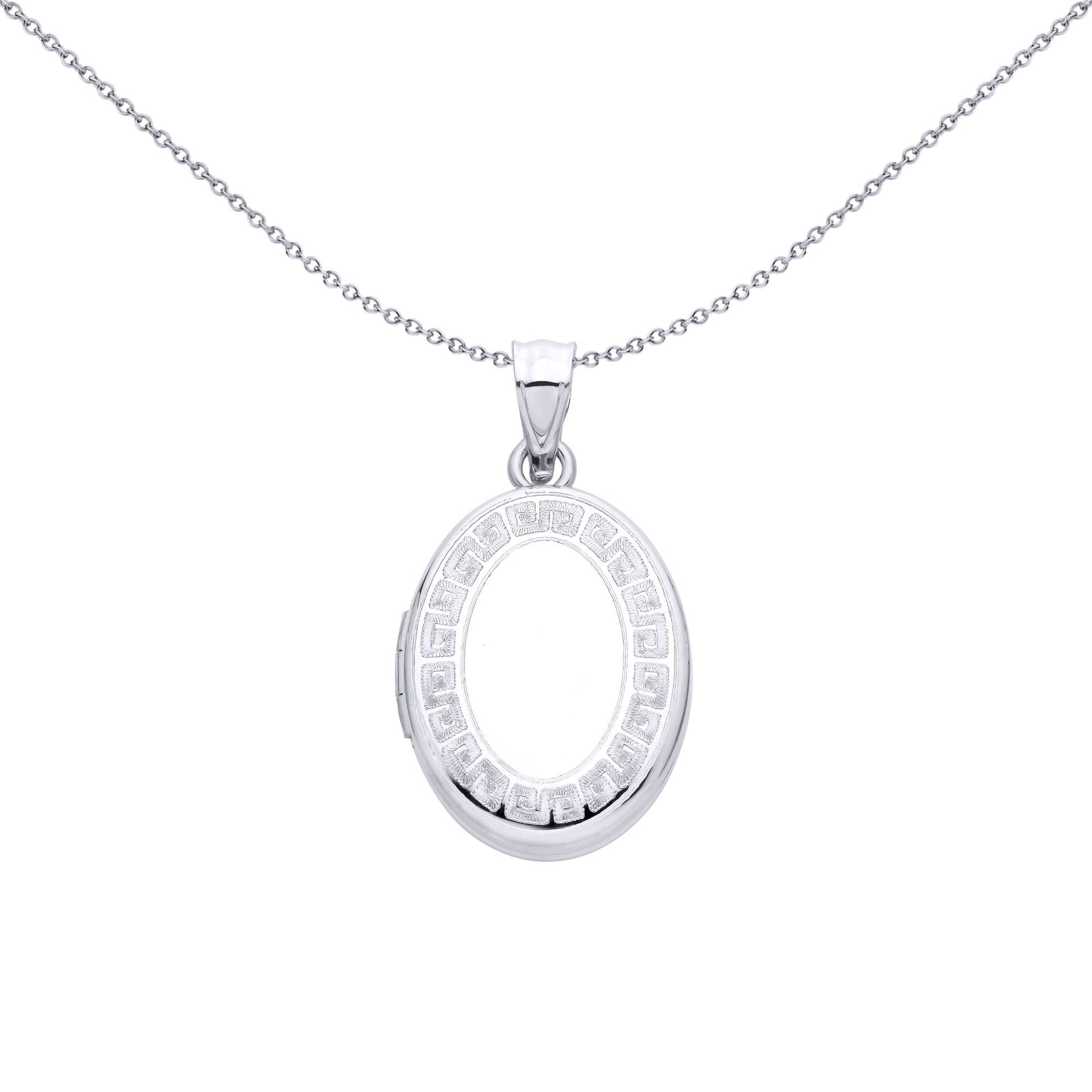 Silver  Greek Key Meander Frame Oval Shaped Locket Pendant - LK86