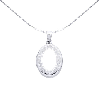 Silver  Greek Key Meander Frame Oval Shaped Locket Pendant - LK86