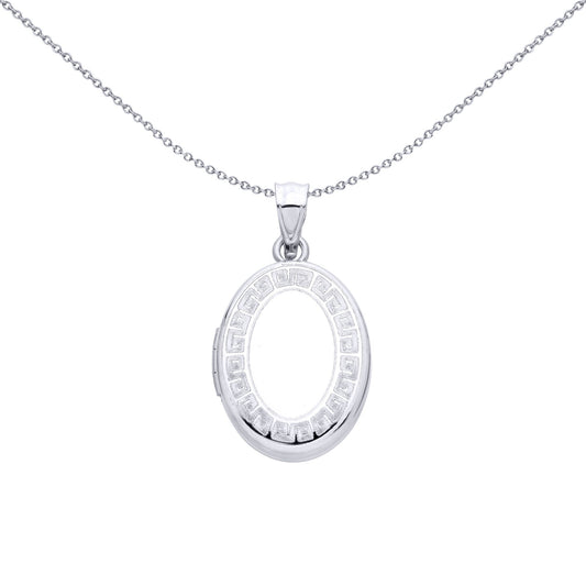 Silver  Greek Key Meander Frame Oval Shaped Locket Pendant - LK86