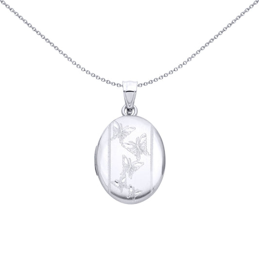 Silver  Butterfly Chain Stitched Border Oval Locket Pendant - LK87