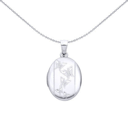 Silver  Butterfly Chain Stitched Border Oval Locket Pendant - LK87
