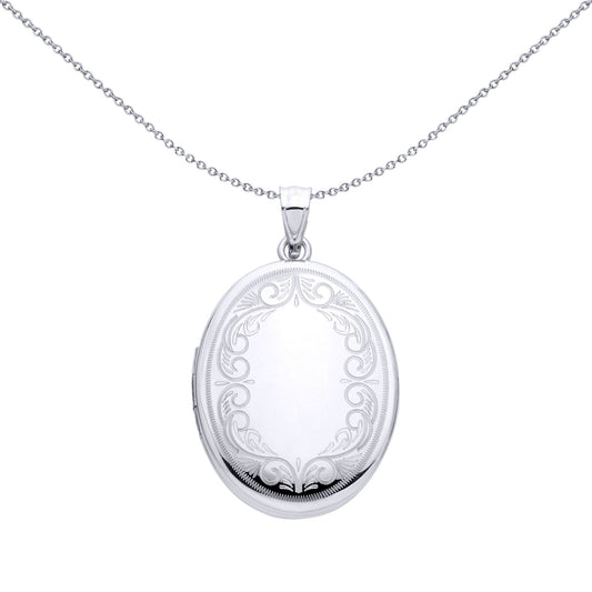Silver  Stitched Border Victorian Baroque Oval Locket Pendant - LK88
