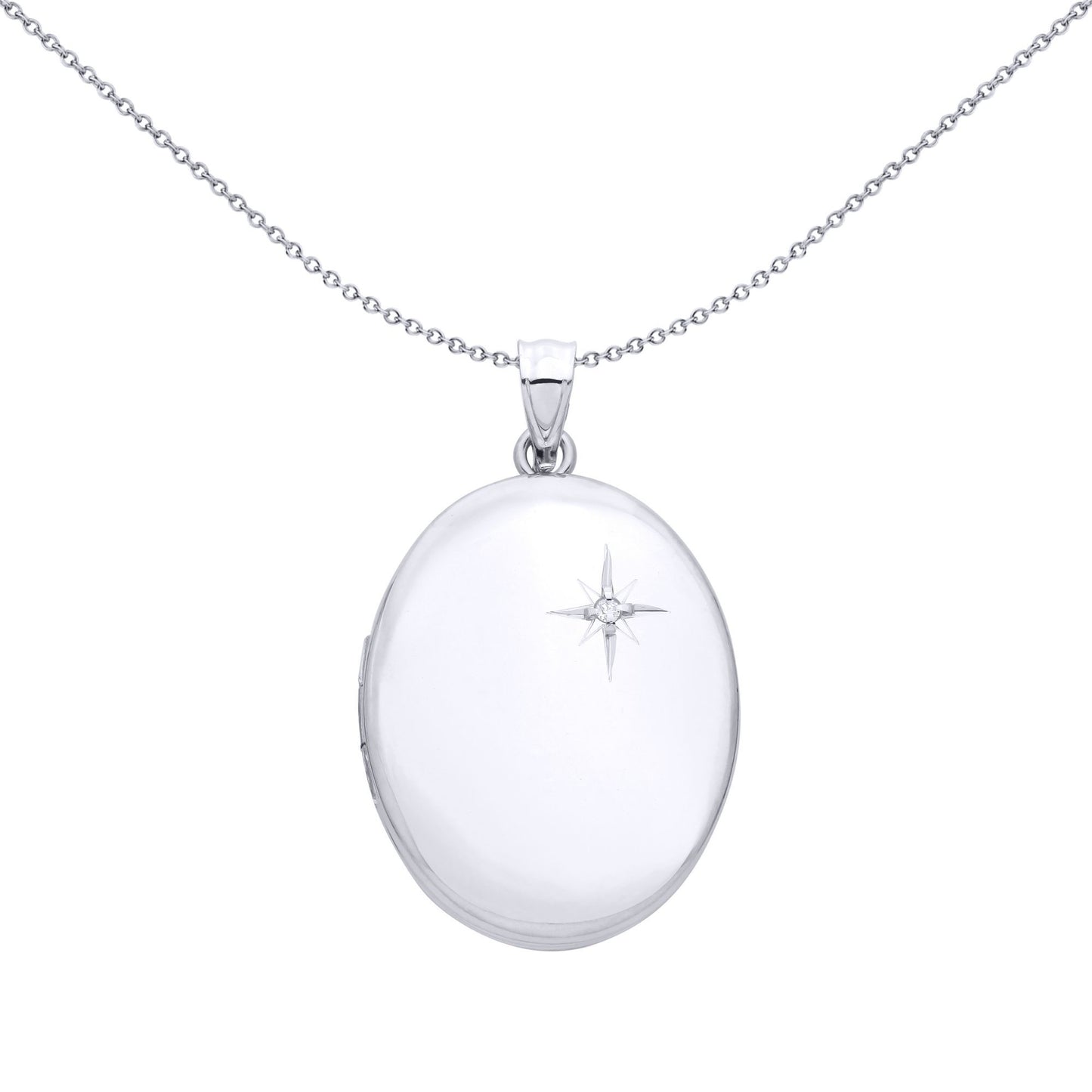 Silver  CZ Twinkling Star-set Mirror Finish Oval Locket Pendant - LK89