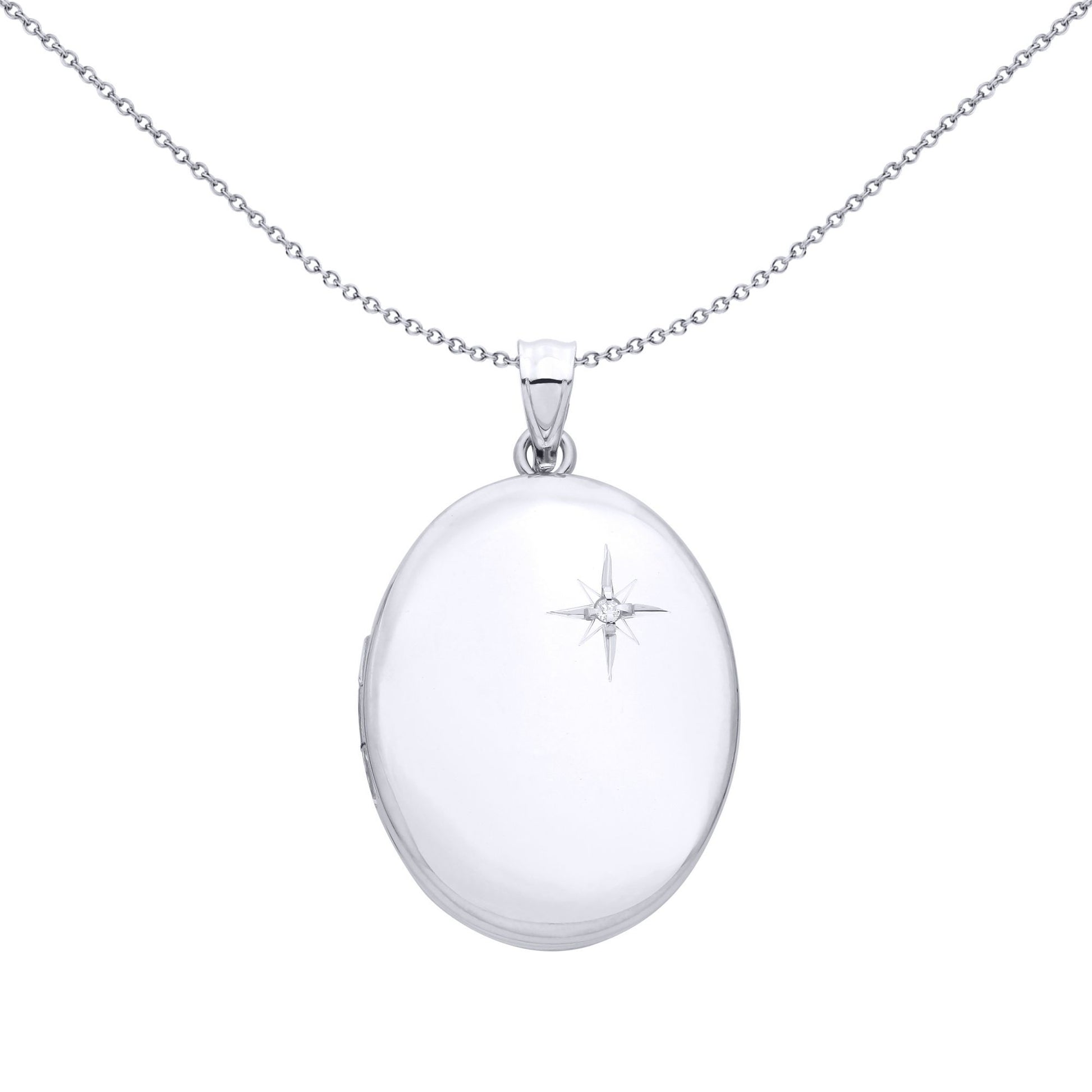 Silver  CZ Twinkling Star-set Mirror Finish Oval Locket Pendant - LK89