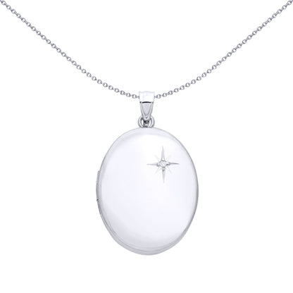 Silver  CZ Twinkling Star-set Mirror Finish Oval Locket Pendant - LK89