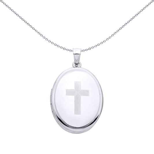 Silver  Stitched Border Engine Turned Cross Oval Locket Pendant - LK90