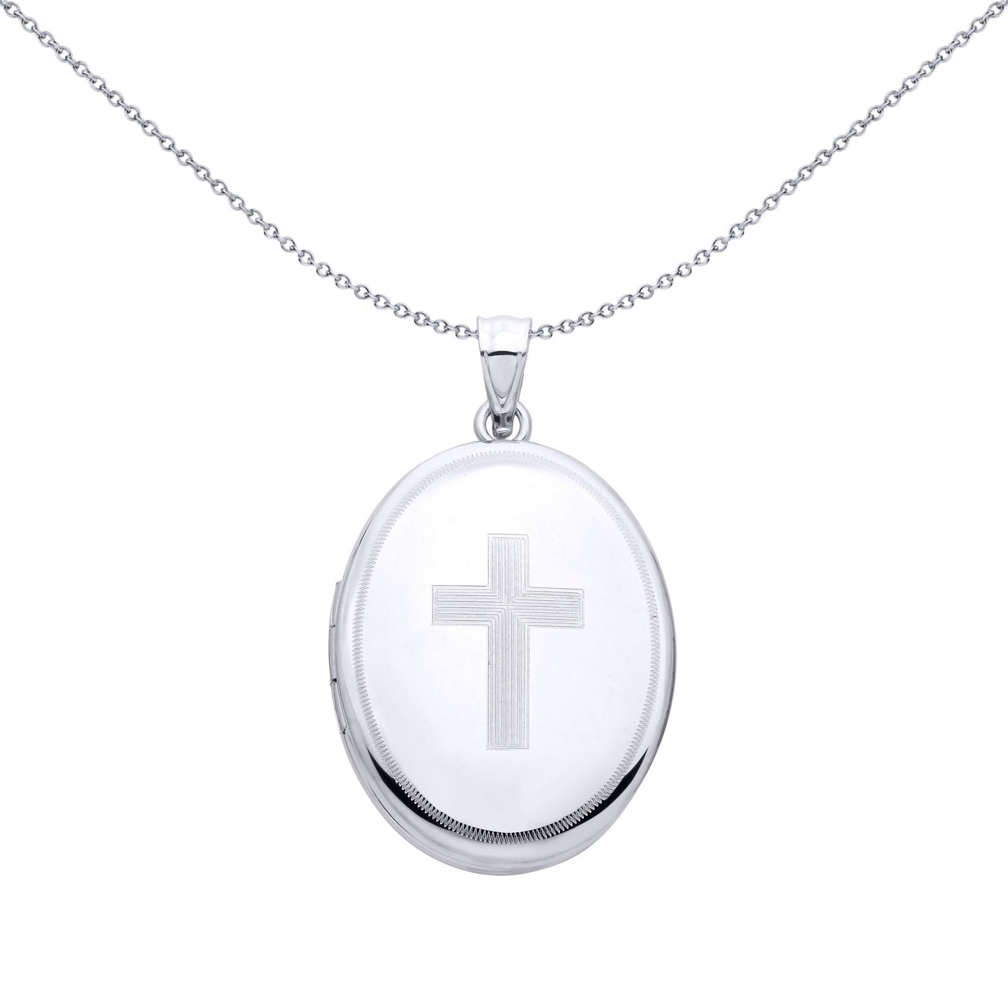 Silver  Stitched Border Engine Turned Cross Oval Locket Pendant - LK90