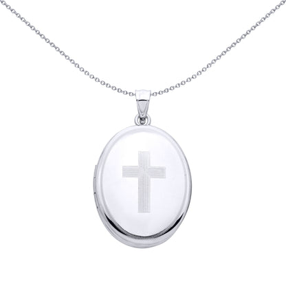 Silver  Stitched Border Engine Turned Cross Oval Locket Pendant - LK90