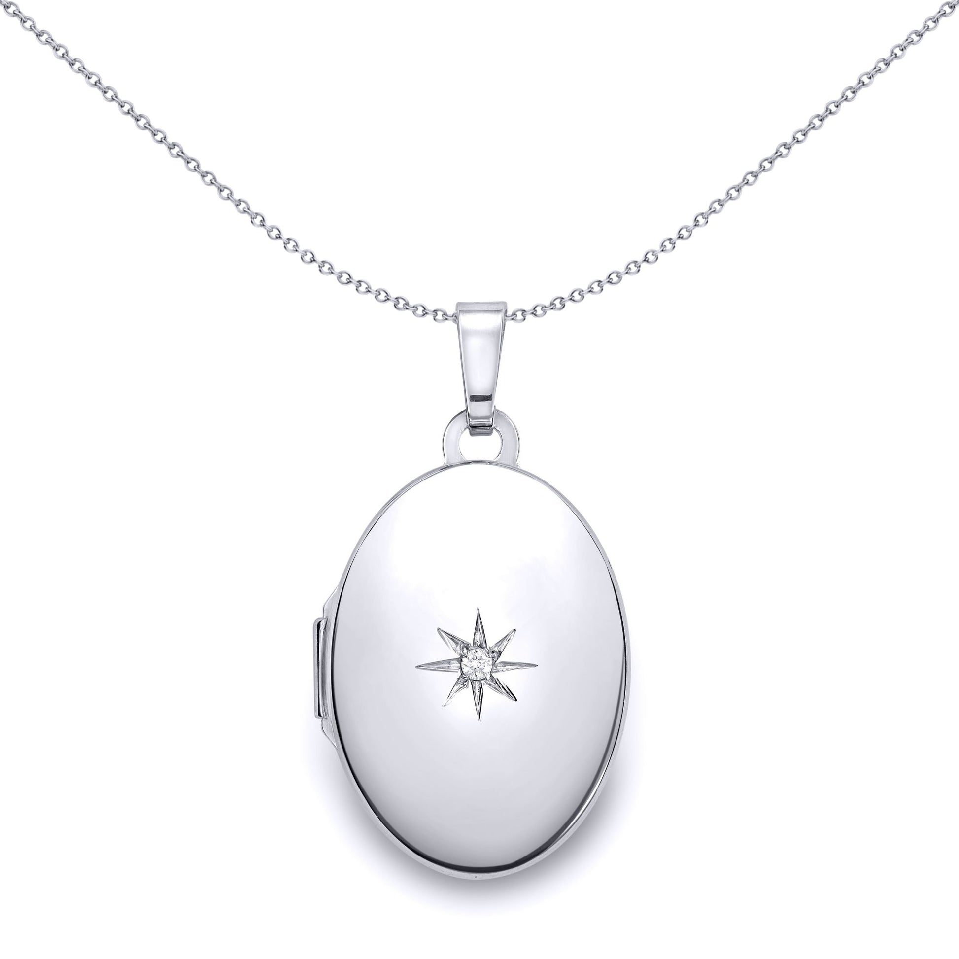 Ladies 9ct White Gold  Diamond Star Set Oval Locket Pendant 18mm - LKNR02237