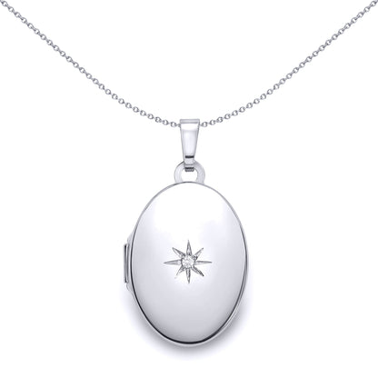Ladies 9ct White Gold  Diamond Star Set Oval Locket Pendant 18mm - LKNR02237