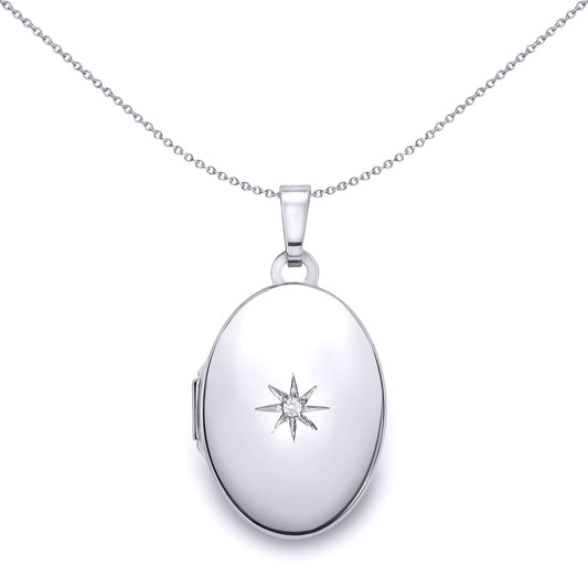 Ladies 9ct White Gold  Diamond Star Set Oval Locket Pendant 18mm - LKNR02237