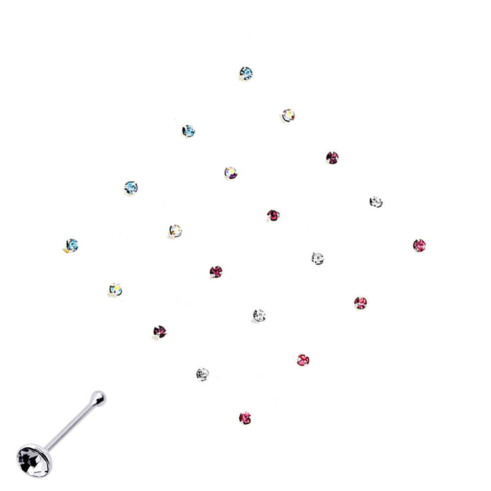 Silver  Multi Colour Crystal Nose Studs - Pack of 20 2mm - NP1