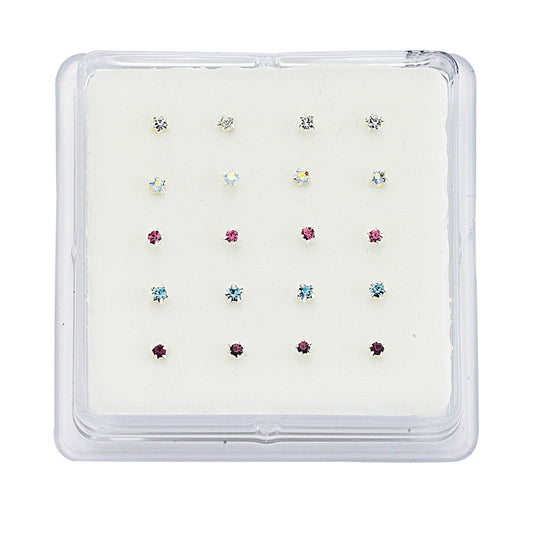 Silver  Multi Colour Crystal Nose Studs - Pack of 20 2mm - NP2