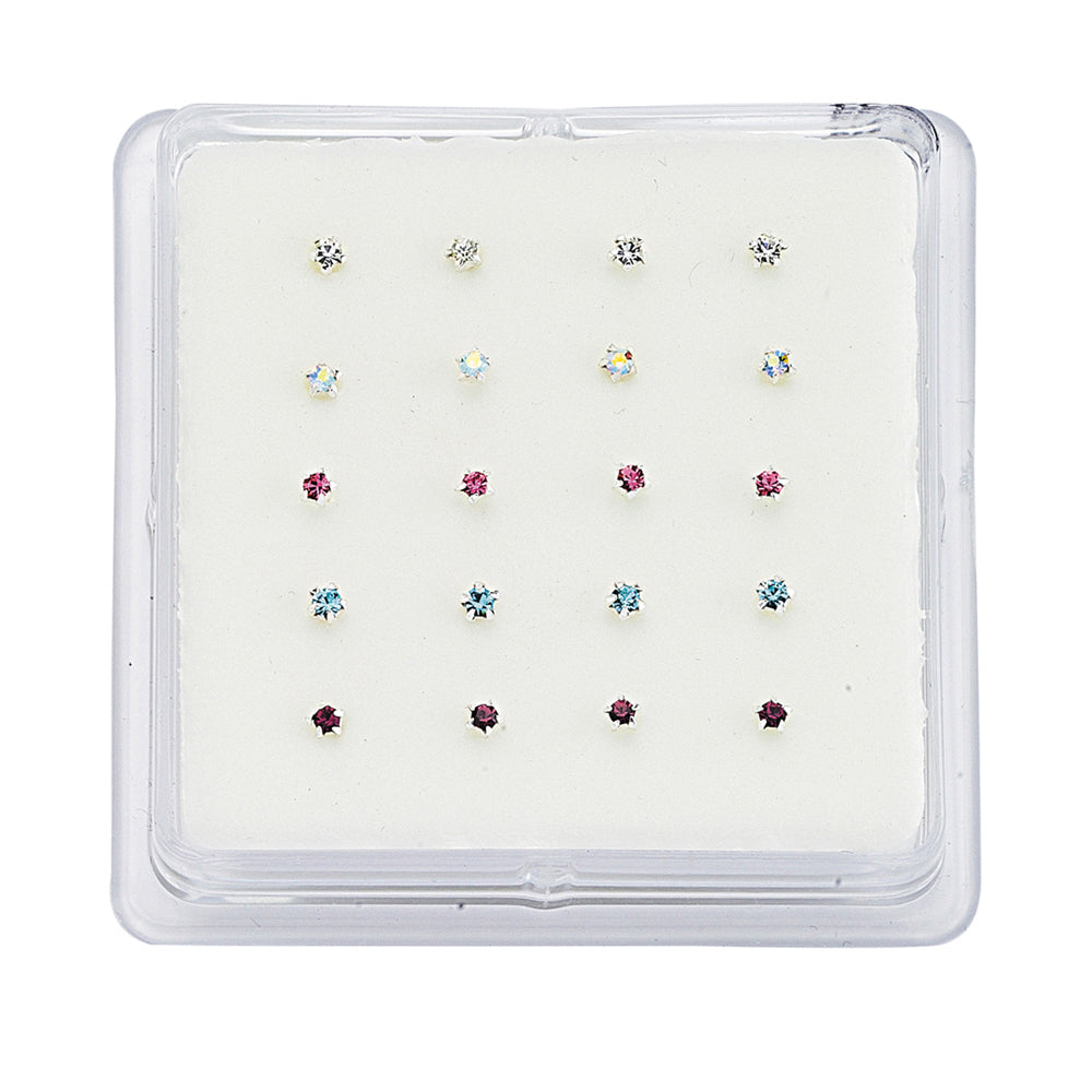Silver  Multi Colour Crystal Pack of 20 Nose Studs Set - NP2