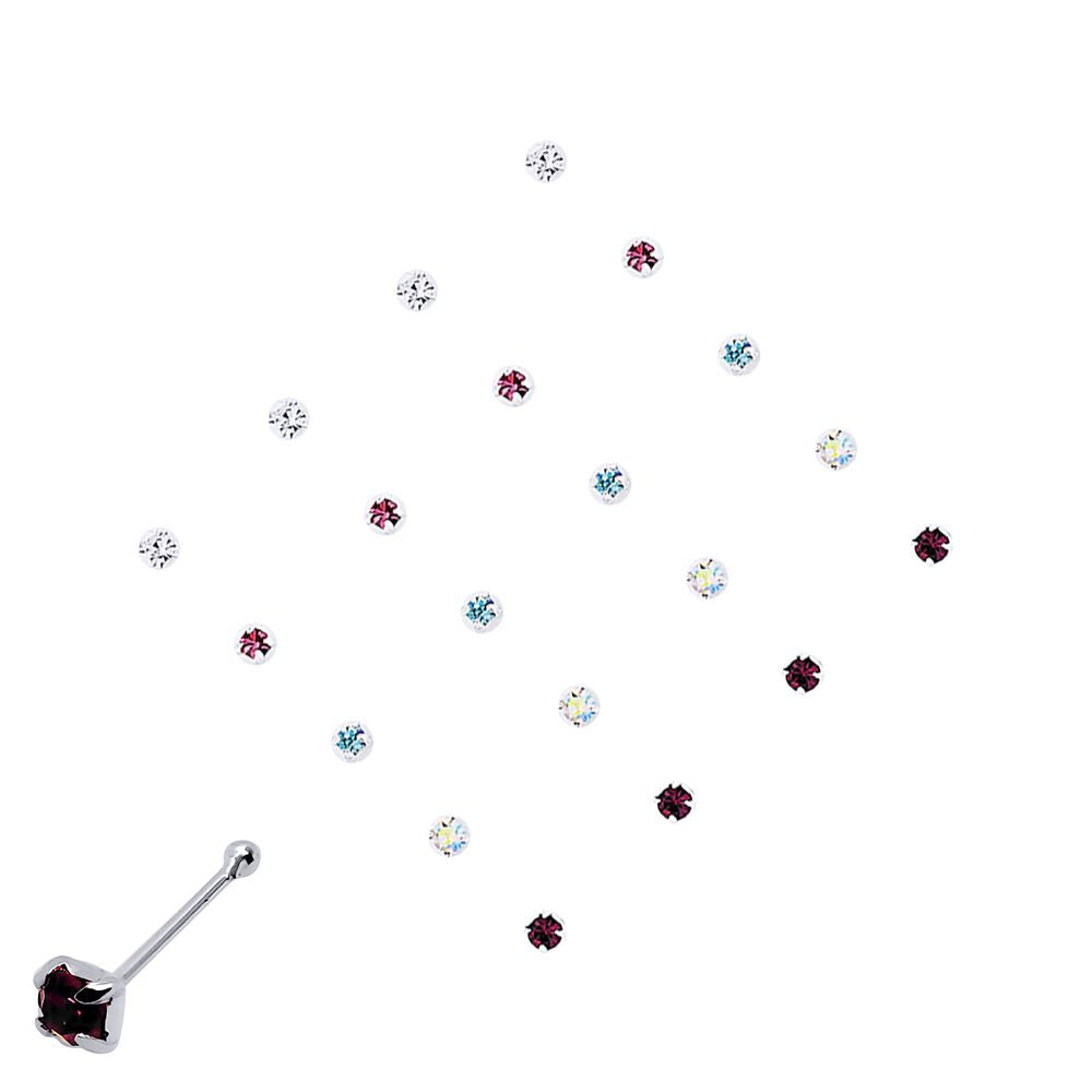 Silver  Multi Colour Crystal Nose Studs - Pack of 20 2mm - NP4