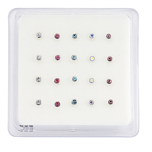 Silver  Multi Colour Crystal Nose Studs - Pack of 20 3mm - NP5
