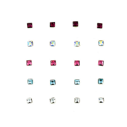 Silver  Multi Colour Square CZ Pack of 20 Nose Studs Set - NP6