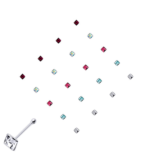 Silver  Multi Colour Square CZ Nose Studs - Pack of 20 2mm - NP6