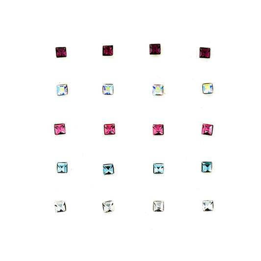 Silver  Multi Colour Square CZ Nose Studs - Pack of 20 2mm - NP6