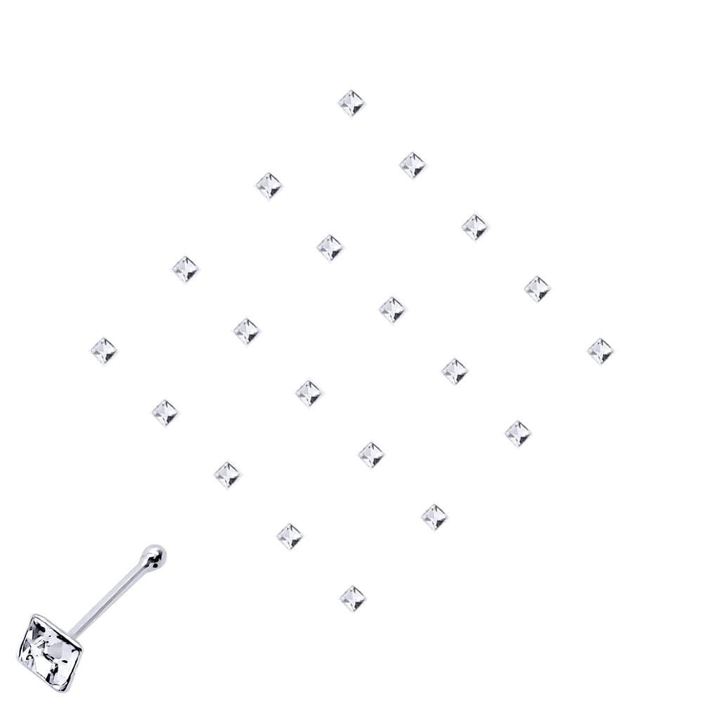 Silver  Square CZ Pack of 20 Nose Studs Set - NP6WH