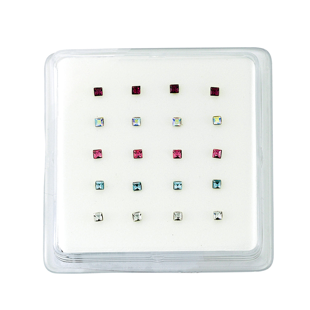 Silver  Multi Colour Square CZ Pack of 20 Nose Studs Set - NP6