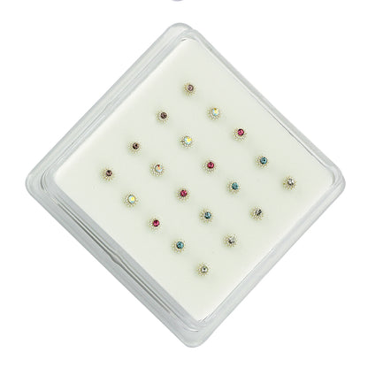 Silver  Multi Colour CZ Pack of 20 Nose Studs Set - NP7