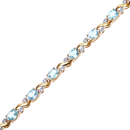 9ct Gold  Diamond Oval 5.81ct Blue Topaz Kiss Tennis Bracelet - PBCAXL01193YBT