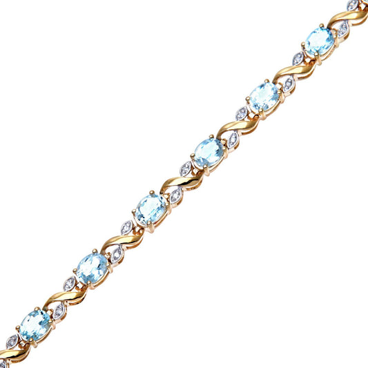 9ct Gold  Diamond Oval 5.81ct Blue Topaz Kiss Tennis Bracelet - PBCAXL01193YBT