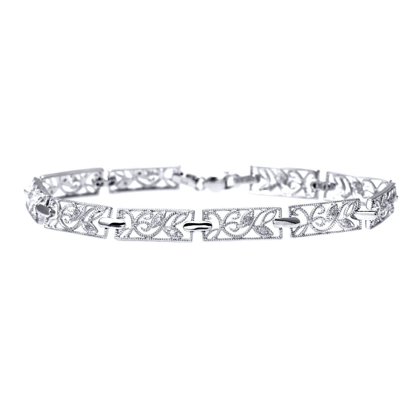 9ct White Gold  Round 10pts Diamond Filigree Paper Link Bracelet - PBCAXL02111W