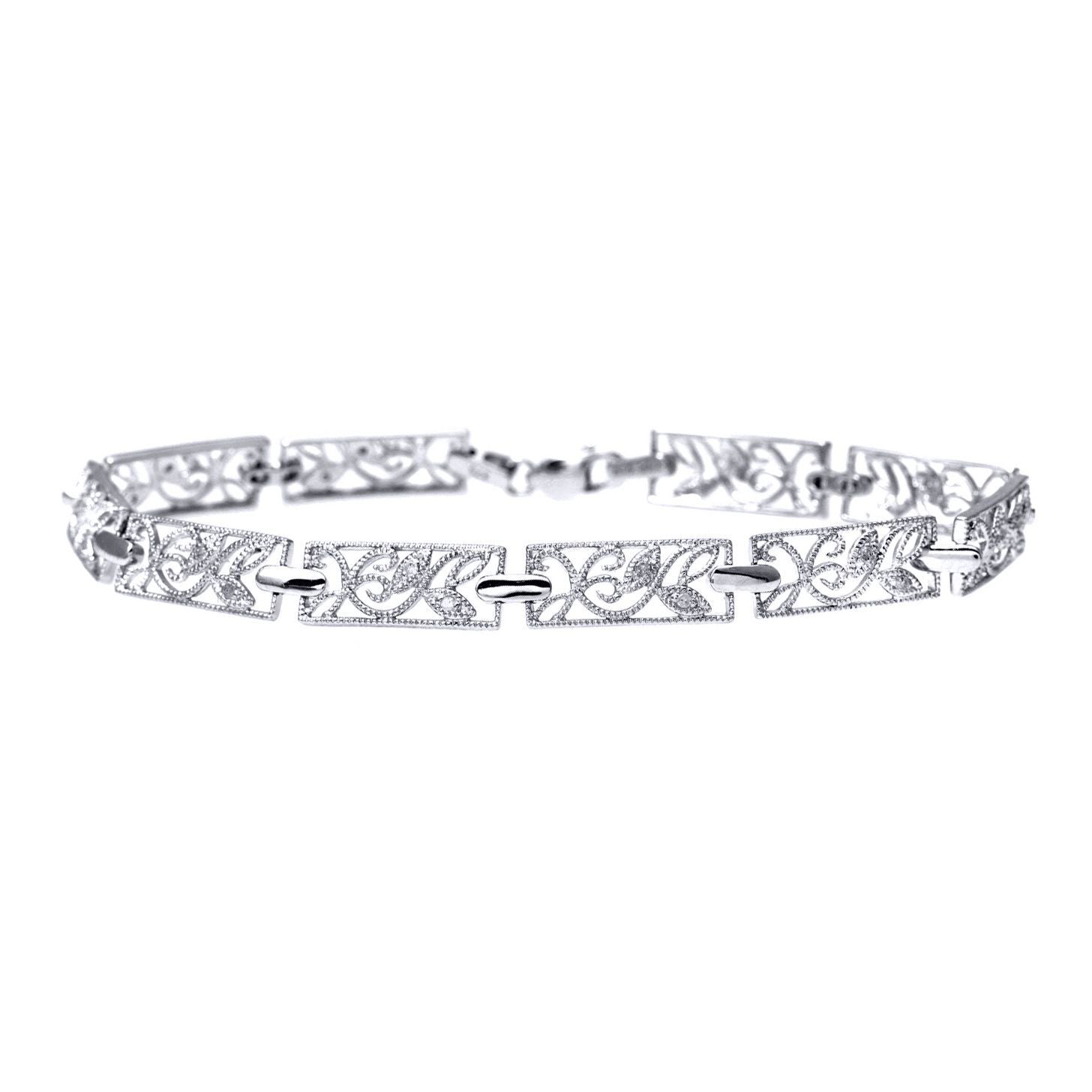 9ct White Gold  Round 10pts Diamond Filigree Paper Link Bracelet - PBCAXL02111W