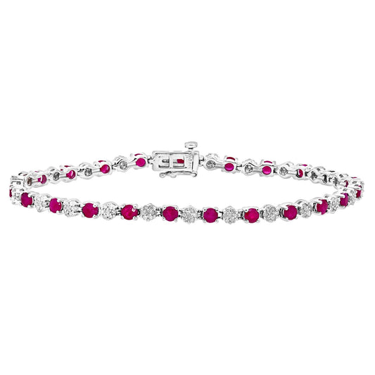9ct White Gold 0.63ct Diamond 3.52ct Ruby Cluster Tennis Bracelet - PBCAXL02516WRU
