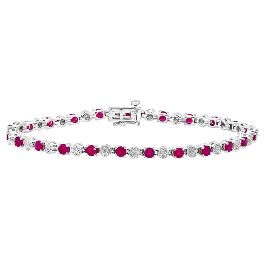9ct White Gold  0.63ct Diamond 3.52ct Ruby Cluster Tennis Bracelet - PBCAXL02516WRU