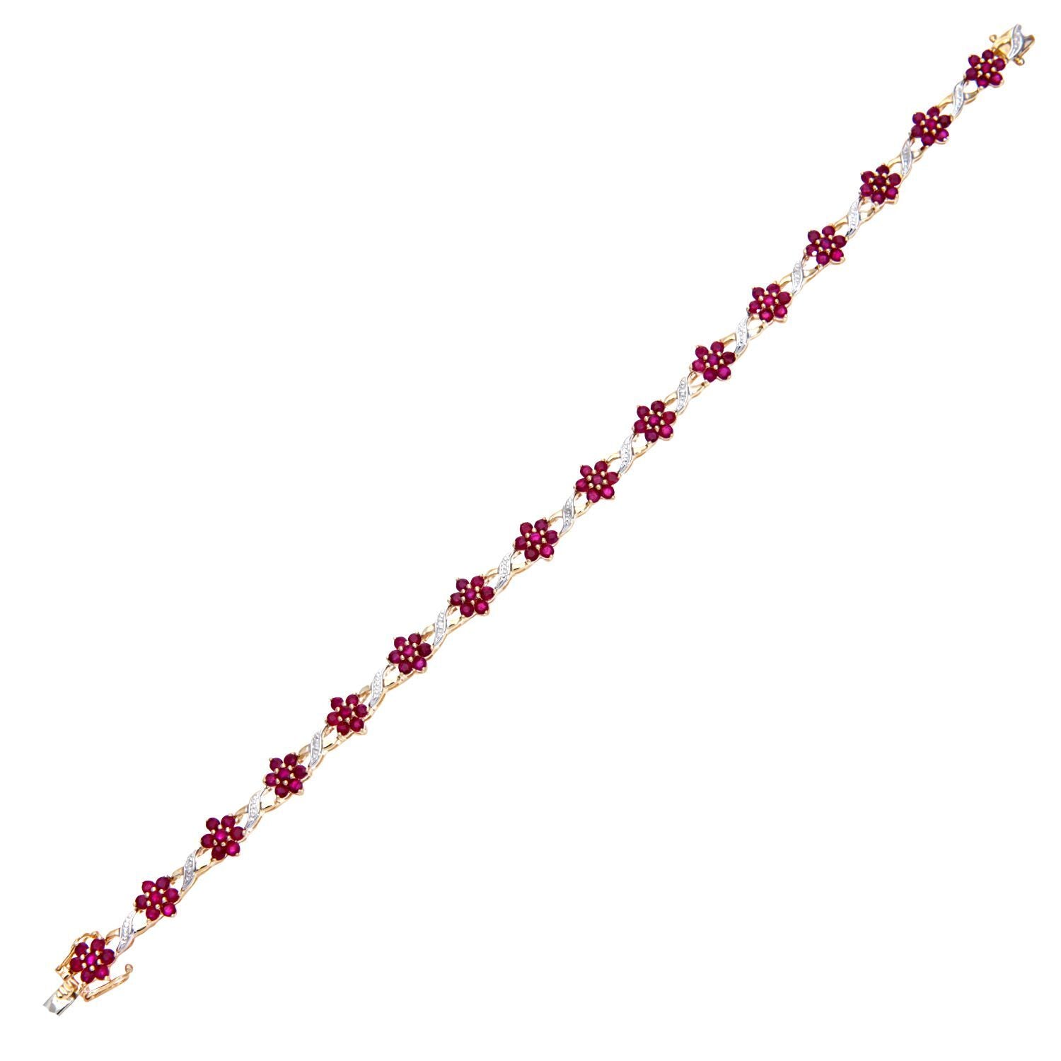 9ct Gold  3.5pts Diamond 6.3ct Ruby Flower Cluster Bracelet - PBCAXL02648YRU