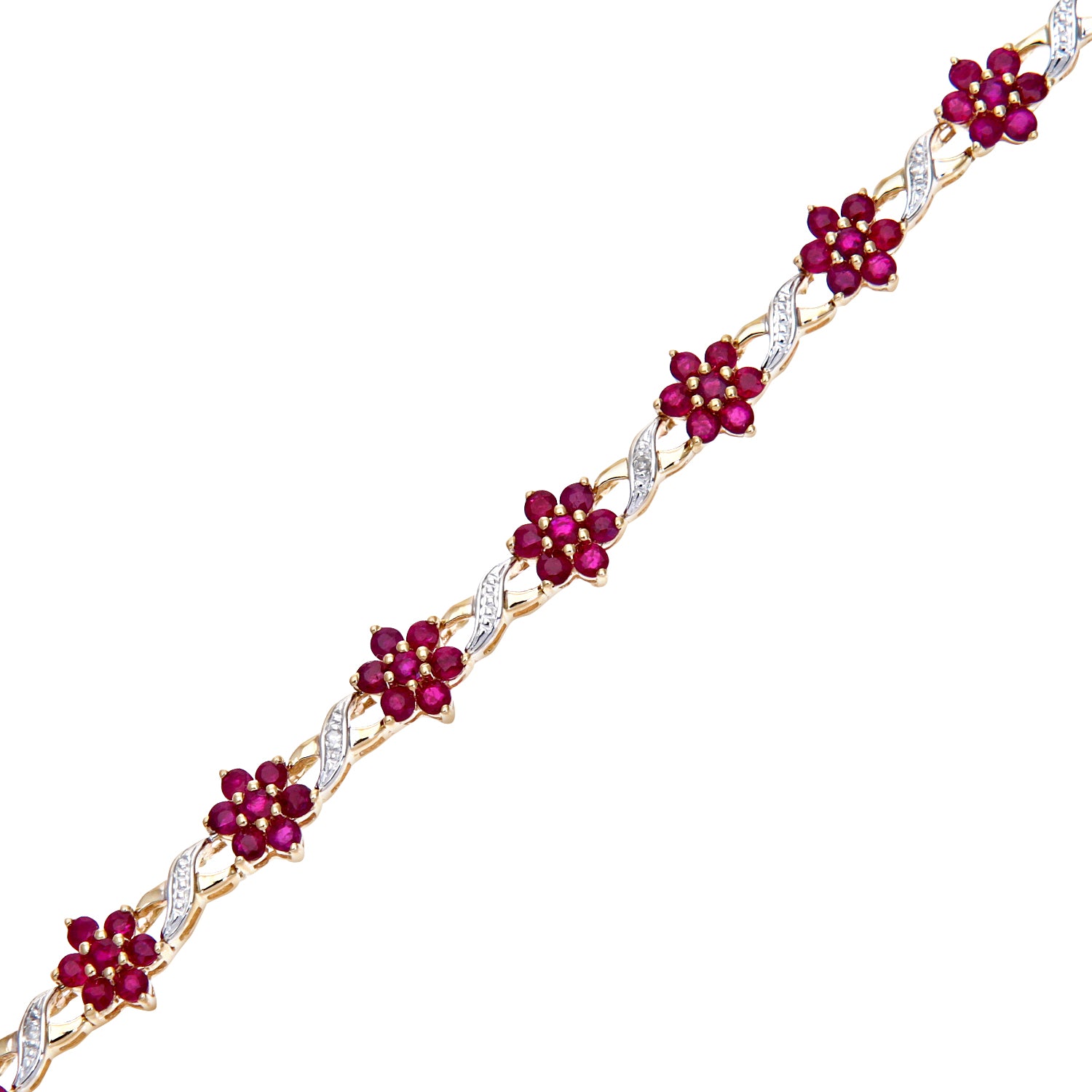 9ct Gold  3.5pts Diamond 6.3ct Ruby Flower Cluster Bracelet - PBCAXL02648YRU