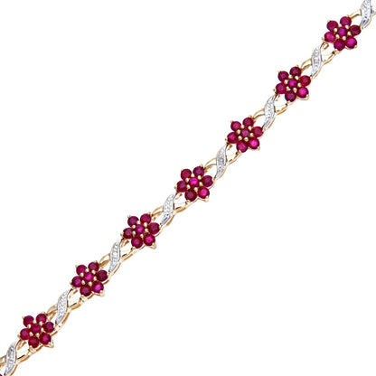 9ct Gold  3.5pts Diamond 6.3ct Ruby Flower Cluster Bracelet - PBCAXL02648YRU