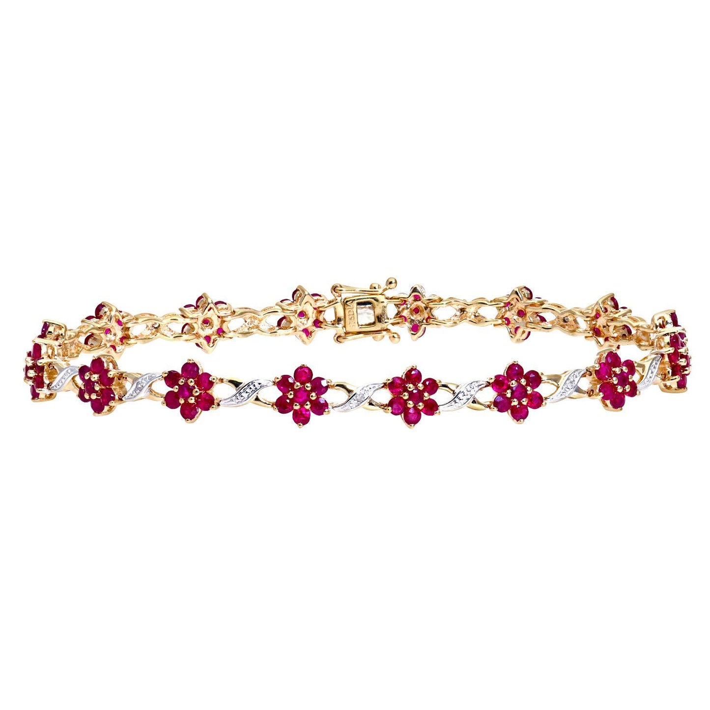 9ct Gold  3.5pts Diamond 6.3ct Ruby Flower Cluster Bracelet - PBCAXL02648YRU