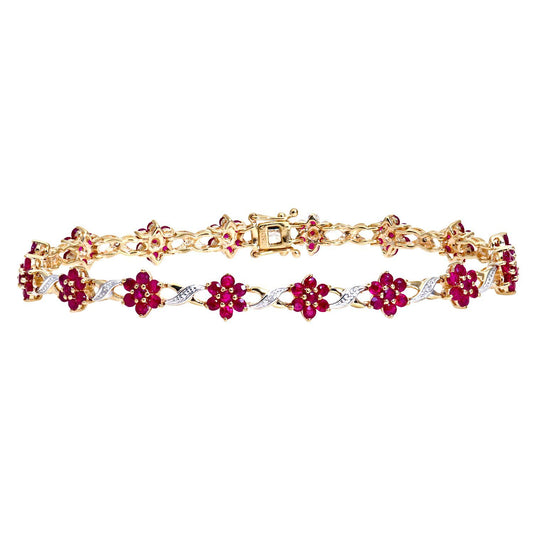 9ct Gold  3.5pts Diamond 6.3ct Ruby Flower Cluster Bracelet - PBCAXL02648YRU
