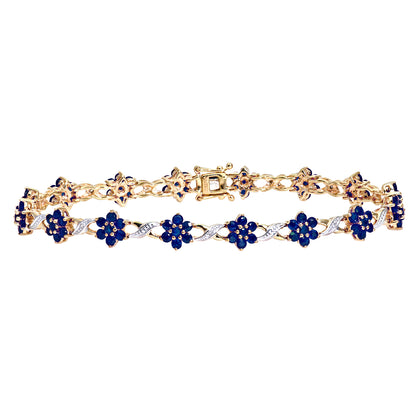 9ct Gold  3.5pts Diamond 4.14ct Sapphire Flower Cluster Bracelet - PBCAXL02648YSA