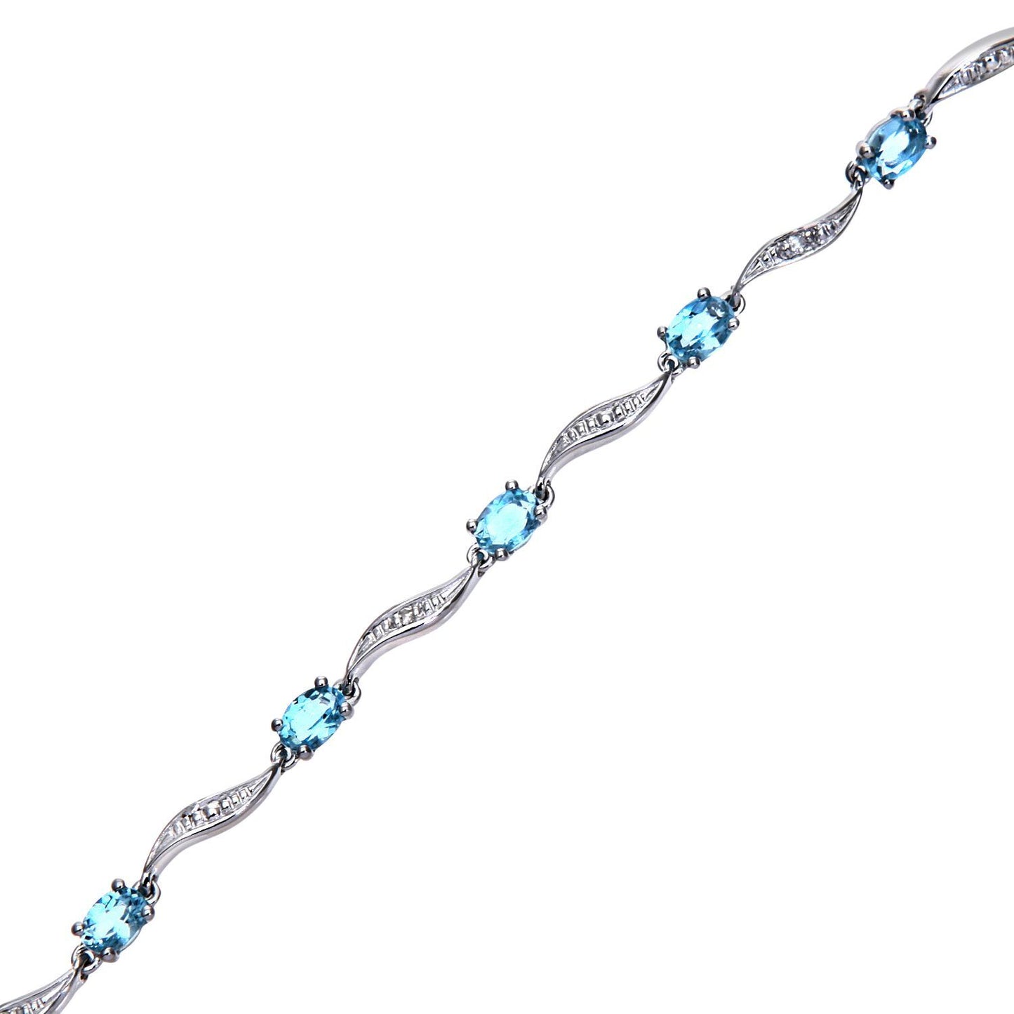 9ct White Gold  Diamond Oval Blue Topaz Wavy Ribbon Bracelet - PBCAXL02772WBT