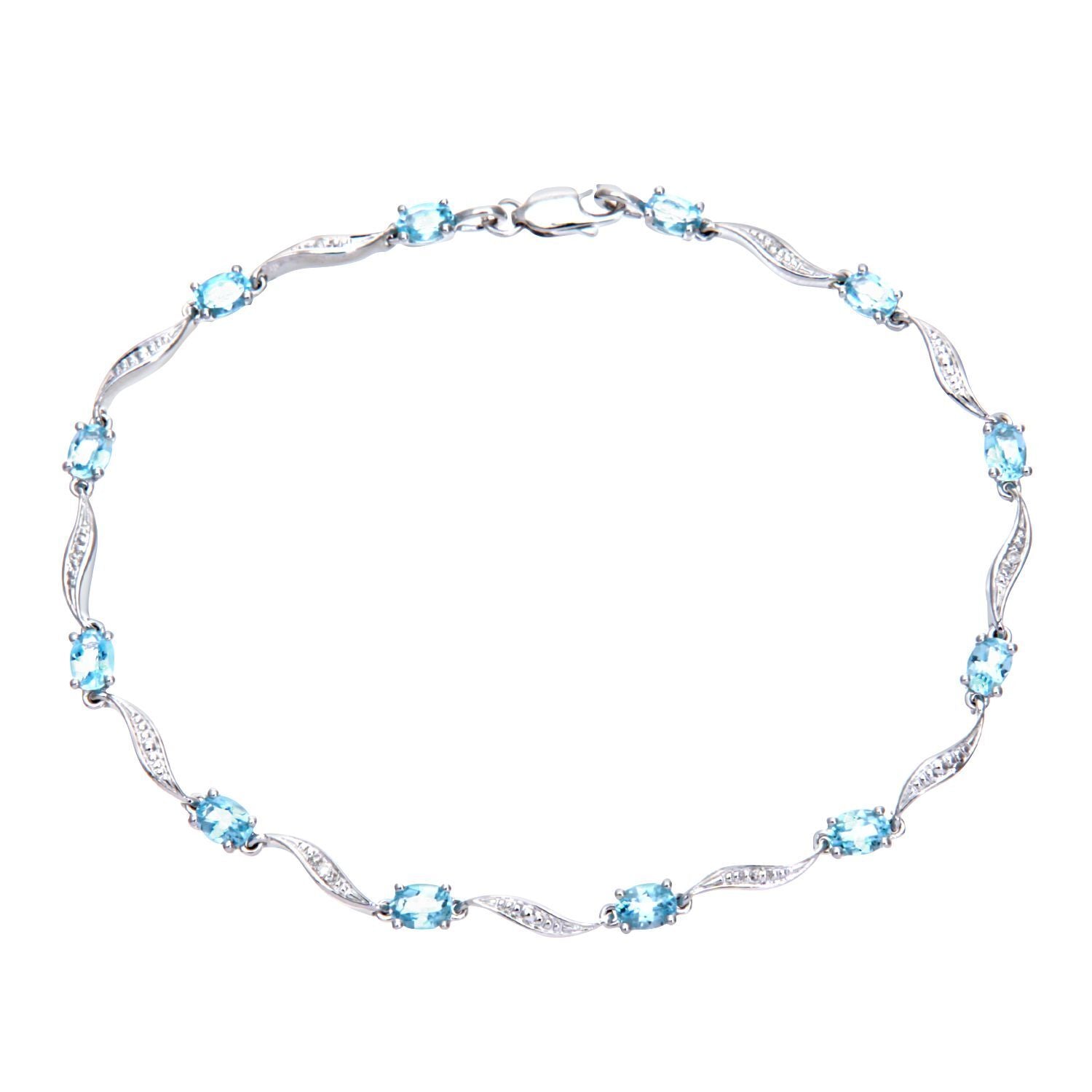 9ct White Gold  Diamond Oval Blue Topaz Wavy Ribbon Bracelet - PBCAXL02772WBT