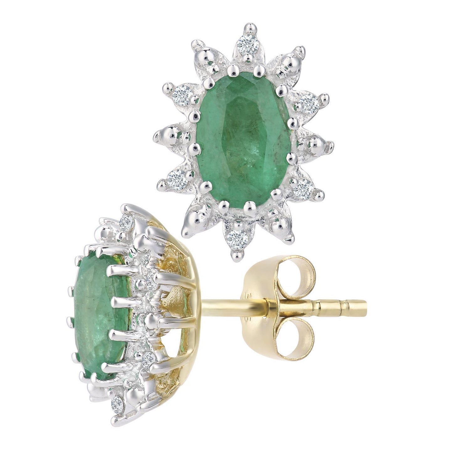 9ct Gold  5pts Diamond Oval 0.9ct Emerald Cluster Stud Earrings - PE0AXL1535YEM