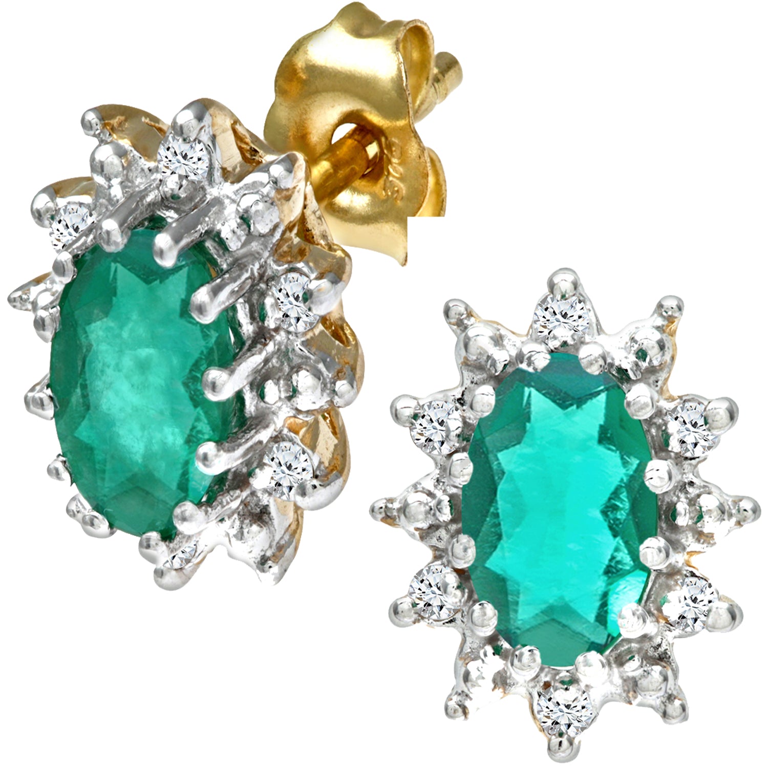 9ct Gold  5pts Diamond Oval 0.9ct Emerald Cluster Stud Earrings - PE0AXL1535YEM