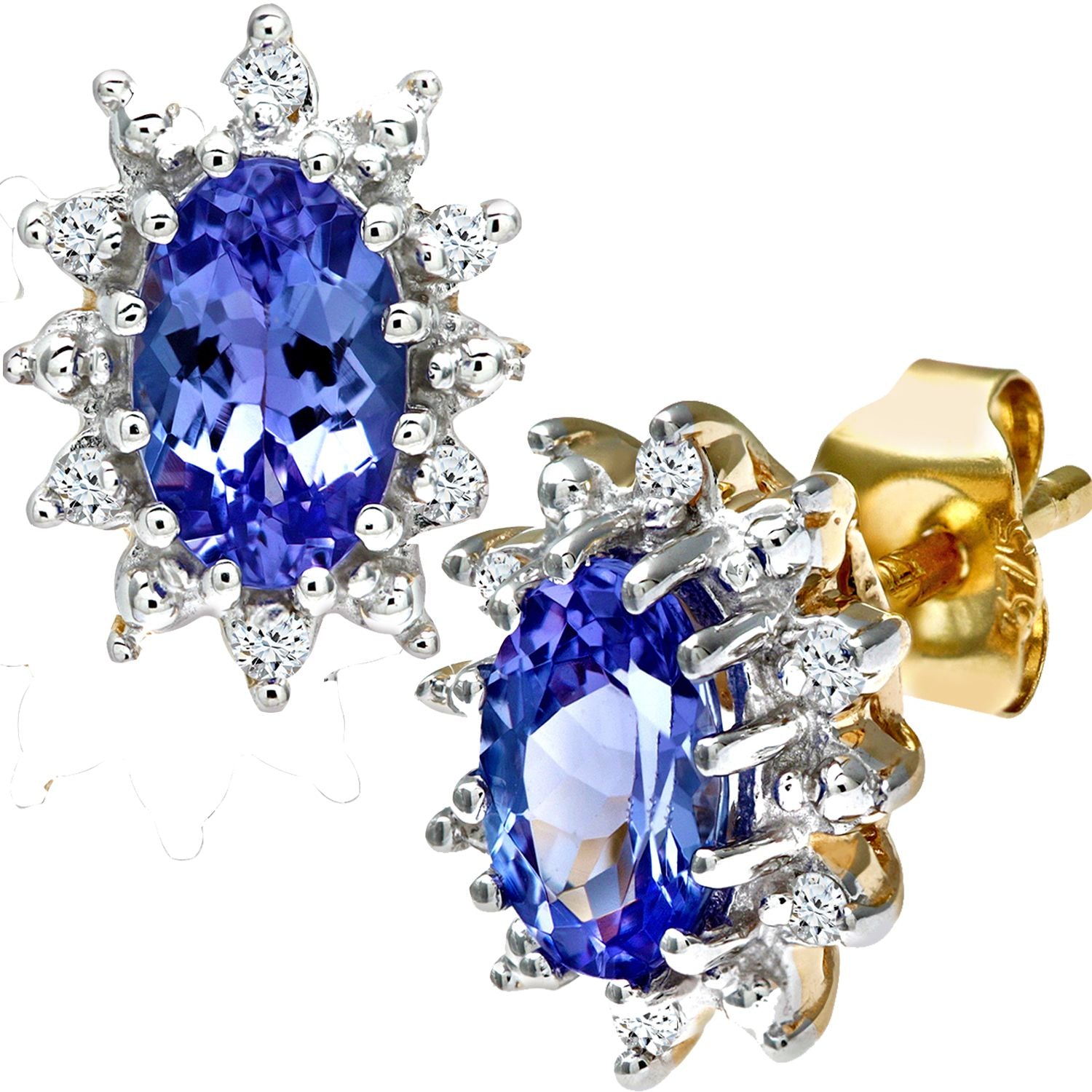 9ct Gold  5pts Diamond Oval 1ct Tanzanite Cluster Stud Earrings - PE0AXL1535YTanz