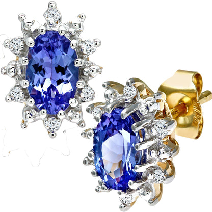 9ct Gold  5pts Diamond Oval 1ct Tanzanite Cluster Stud Earrings - PE0AXL1535YTanz